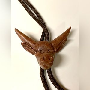 1970s Vintage Artisan Hand Carved Artist Signed Wooden Bull Skull Bolo Tie